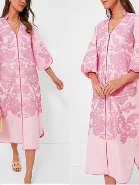 Pink Patterned Midi Dress with V-Neck Zip Front